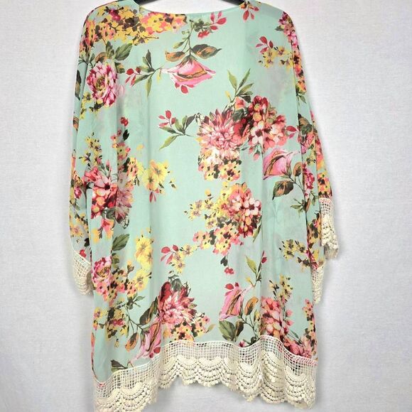 Umgee Floral Kimono Crochet Trim Mint Green S - Picture 4 of 7